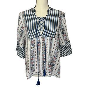Addie‎ Women's Tops Small Boho Flare Sleeve Loose Fit Floral V-Neck Cotton